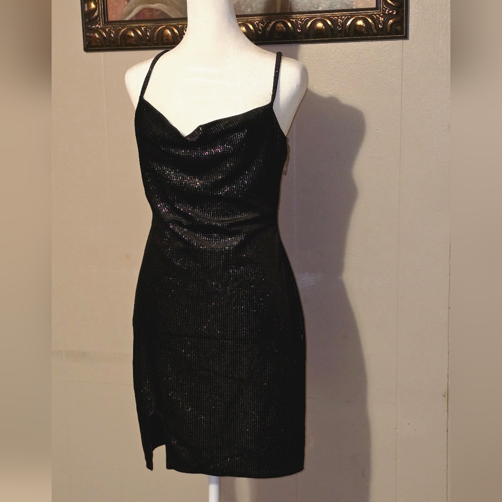 Black Sequined Cowl Neck Mini Dress with Spaghetti Straps